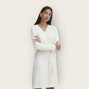 Ichi Ihkava Sweater Dress XS Cream Tie Waist V Neck Knee Length Coastal Minimal
